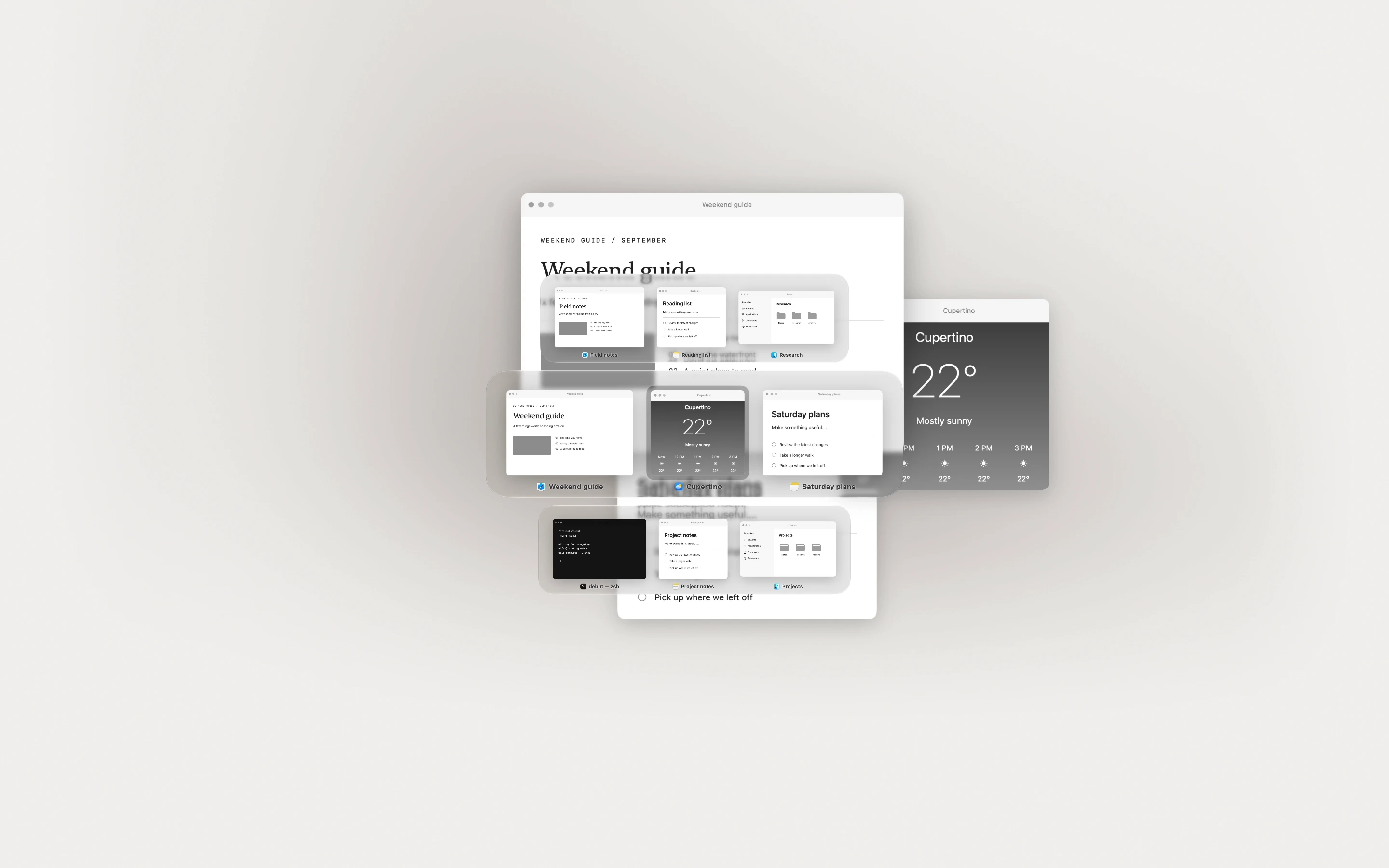 Debut's switcher open on a desktop, with each Space's windows on their own plate.