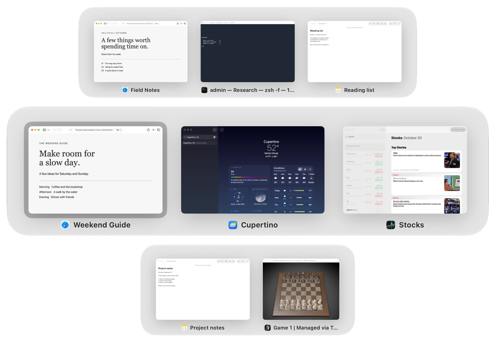 Debut's Command-Tab switcher with three plates, one per Space, holding that Space's windows.
