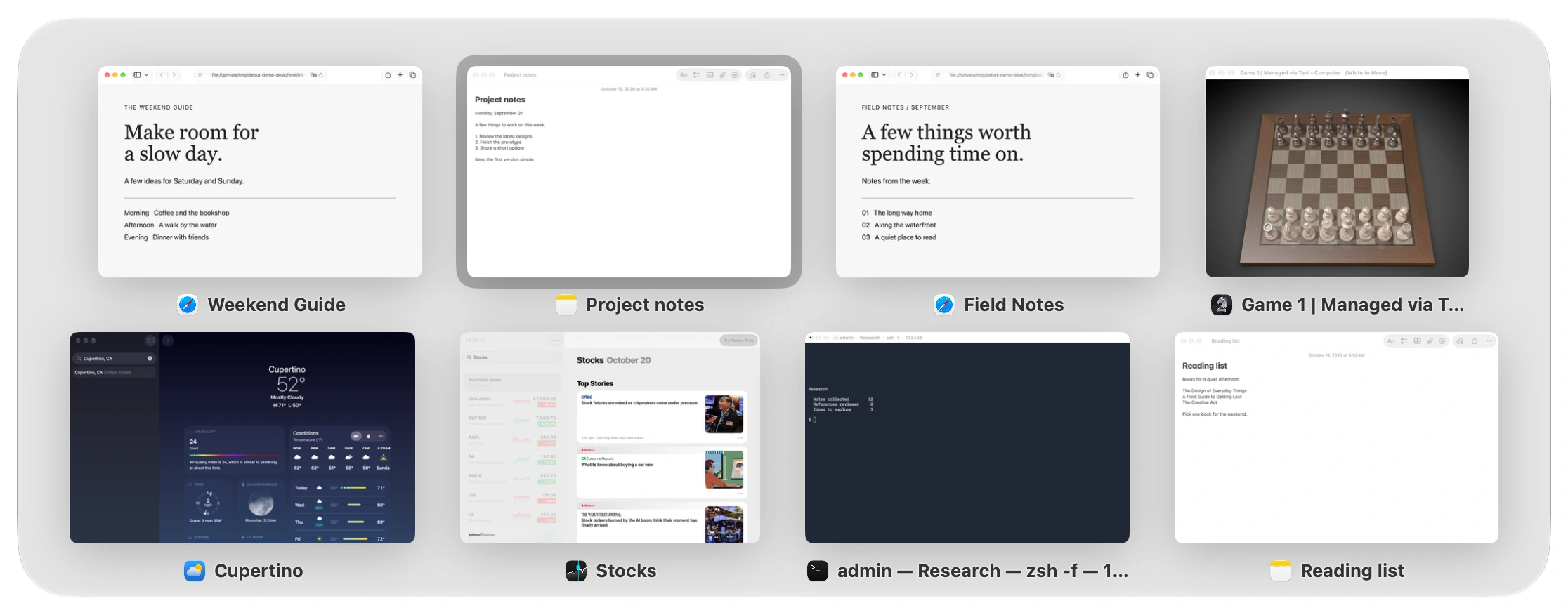 Debut's Option-Tab switcher with all eight windows from three Spaces in one grid.